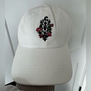 Free People White Cap with Black Motif & Red Floral Embroidery